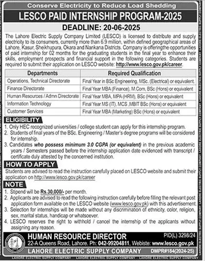 LESCO Paid Internship Program 2025