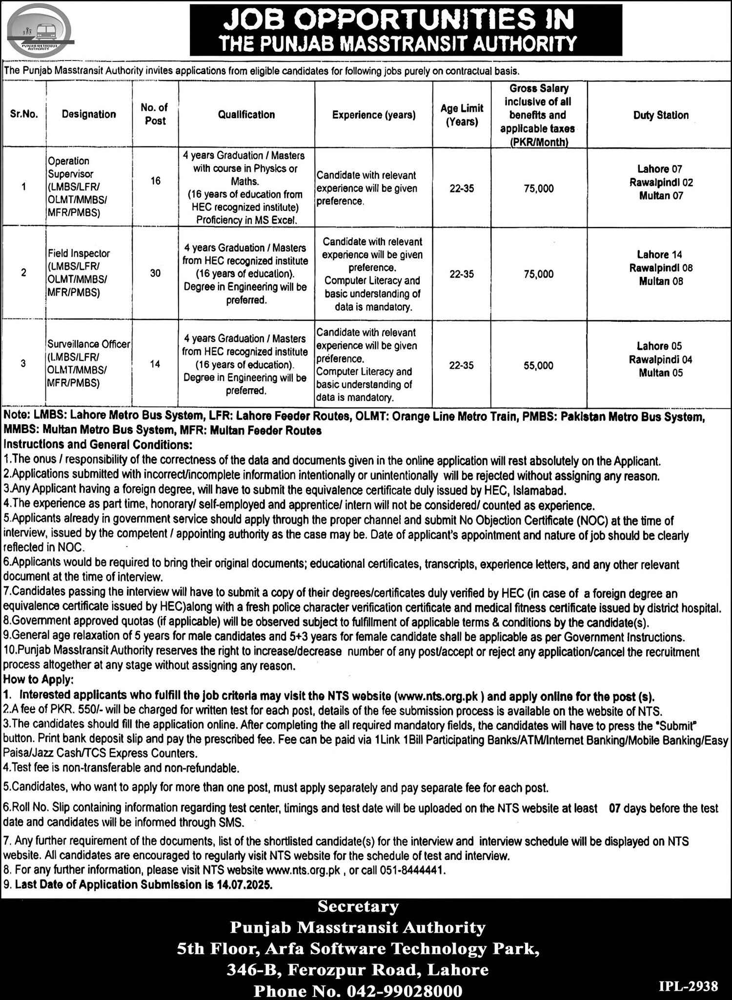 Punjab Masstransit Authority Jobs 2025 