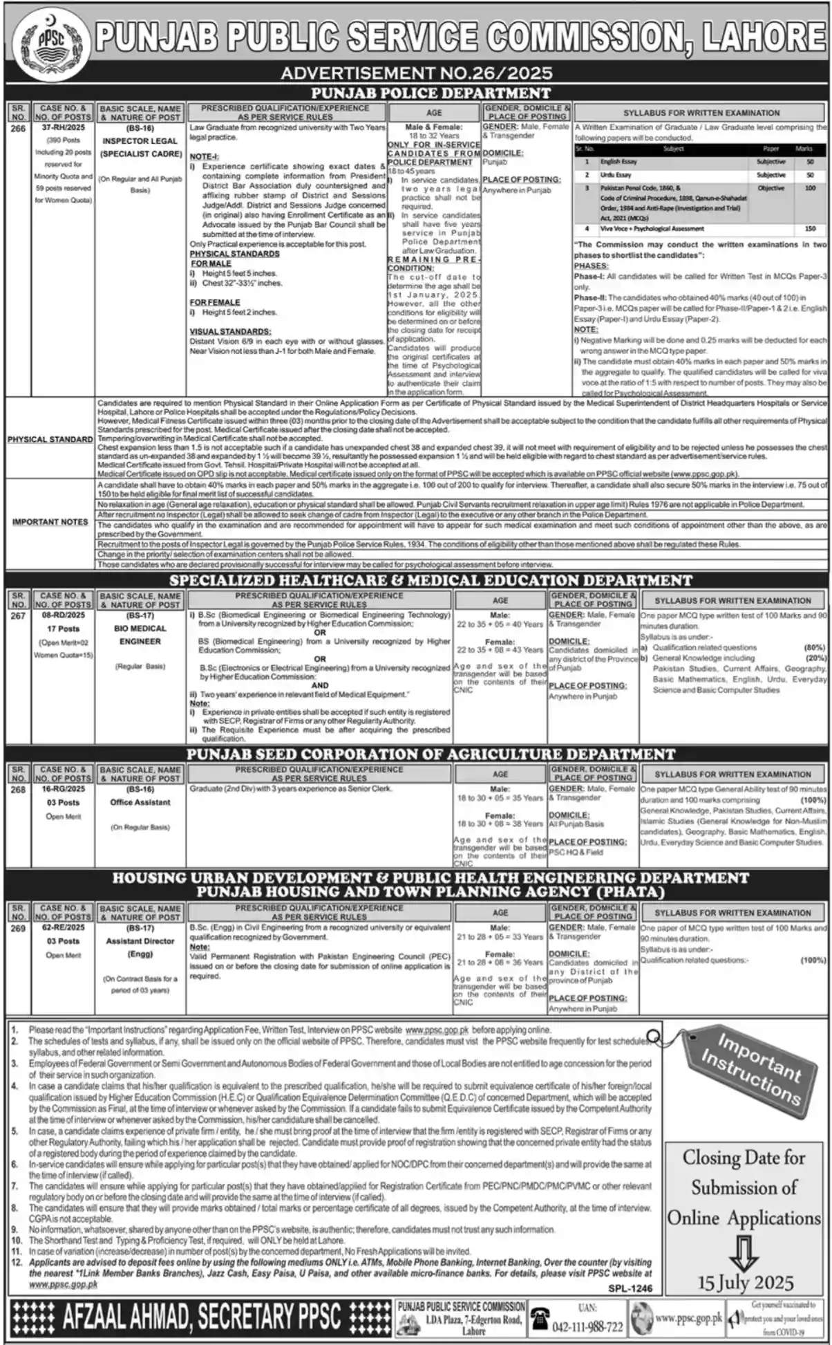Punjab Police Inspector Legal job advertisement
