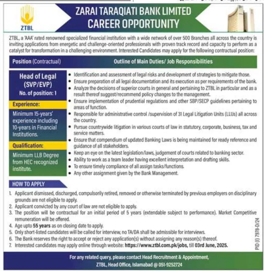 ZTBL Jobs 2025 advertisement