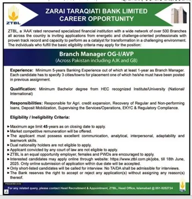 ZTBL Jobs 2025 advertisement