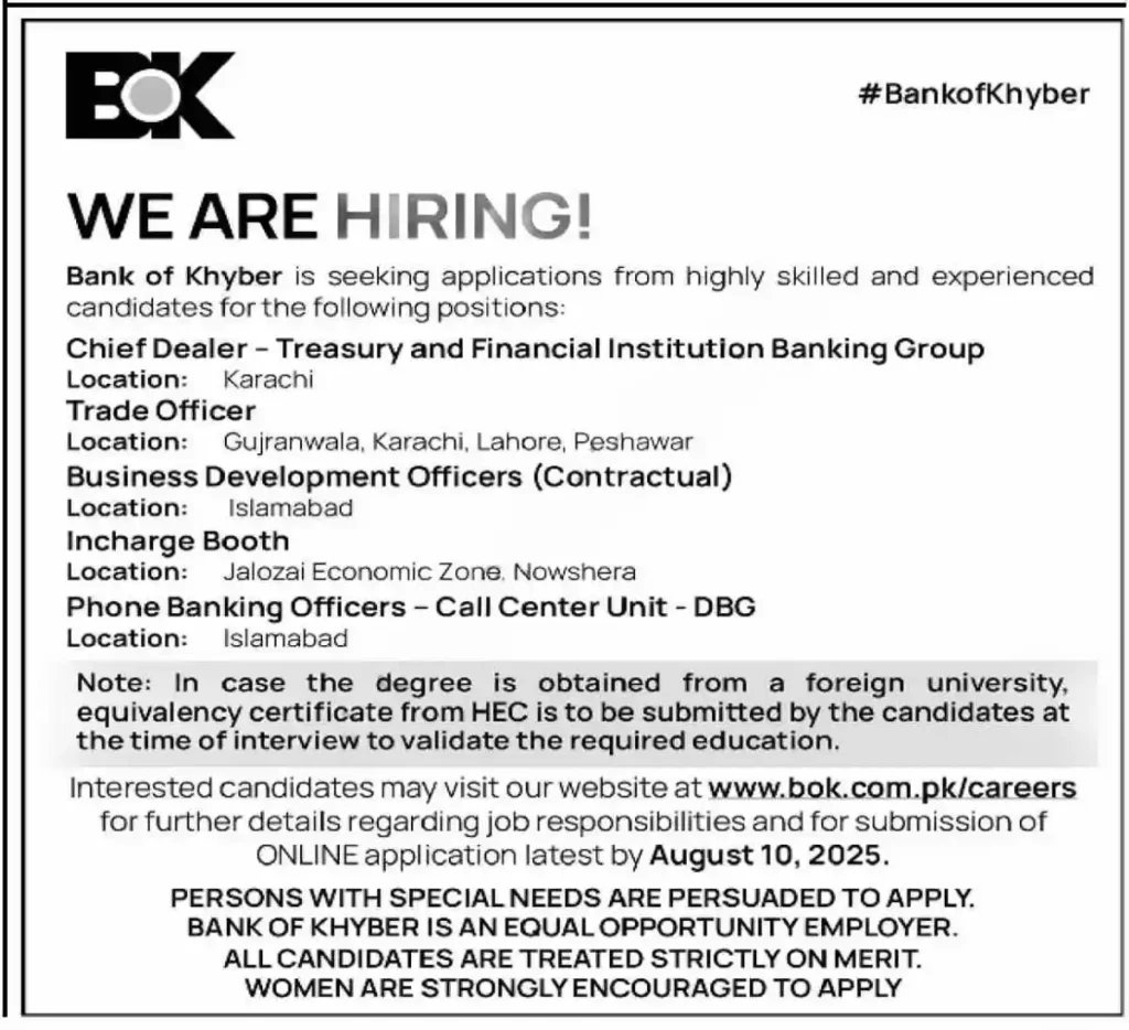 BOK Bank of Khyber Jobs July 2025