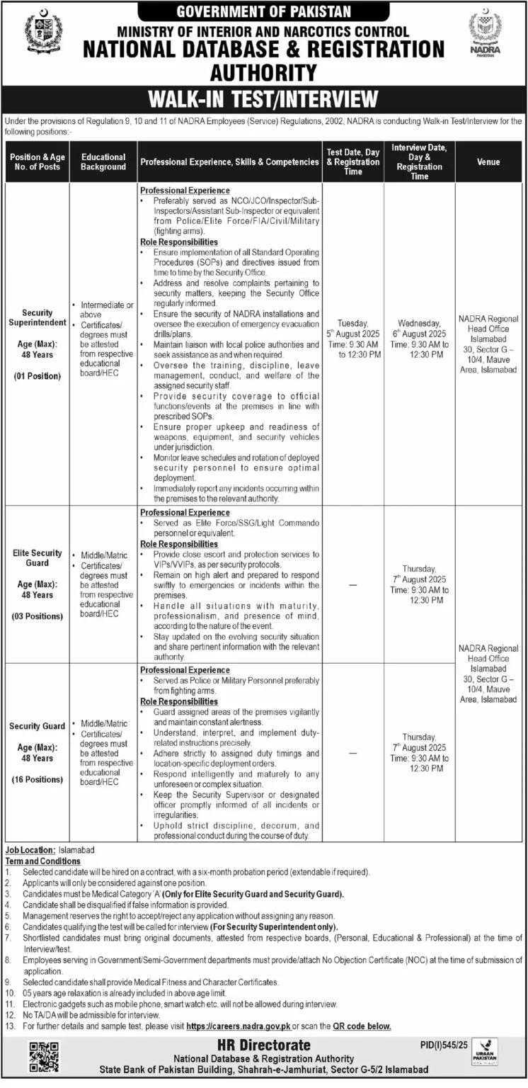 NADRA Jobs for Matric Pass 2025 advertisement