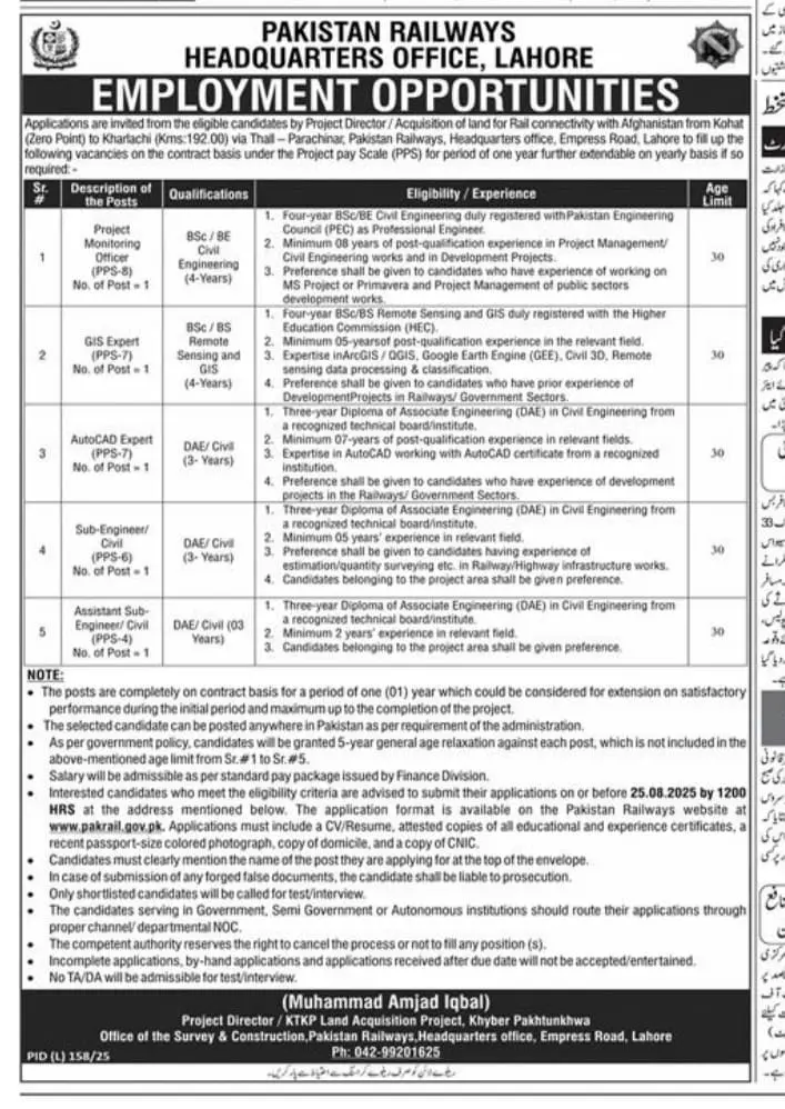 Pakistan Railways Jobs july 2025 advertisement