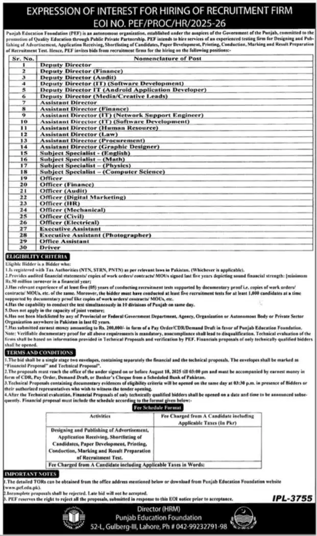 Punjab Education Foundation Jobs 2025 july advertisement