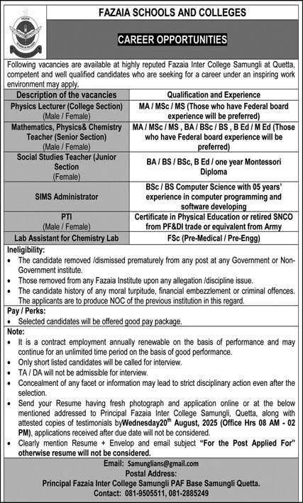 Fazaia Schools and Colleges Announces Multiple Teaching Vacancies
