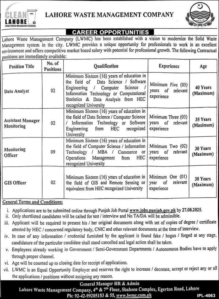 Lahore Waste Management Company Jobs august 2025 advertisement