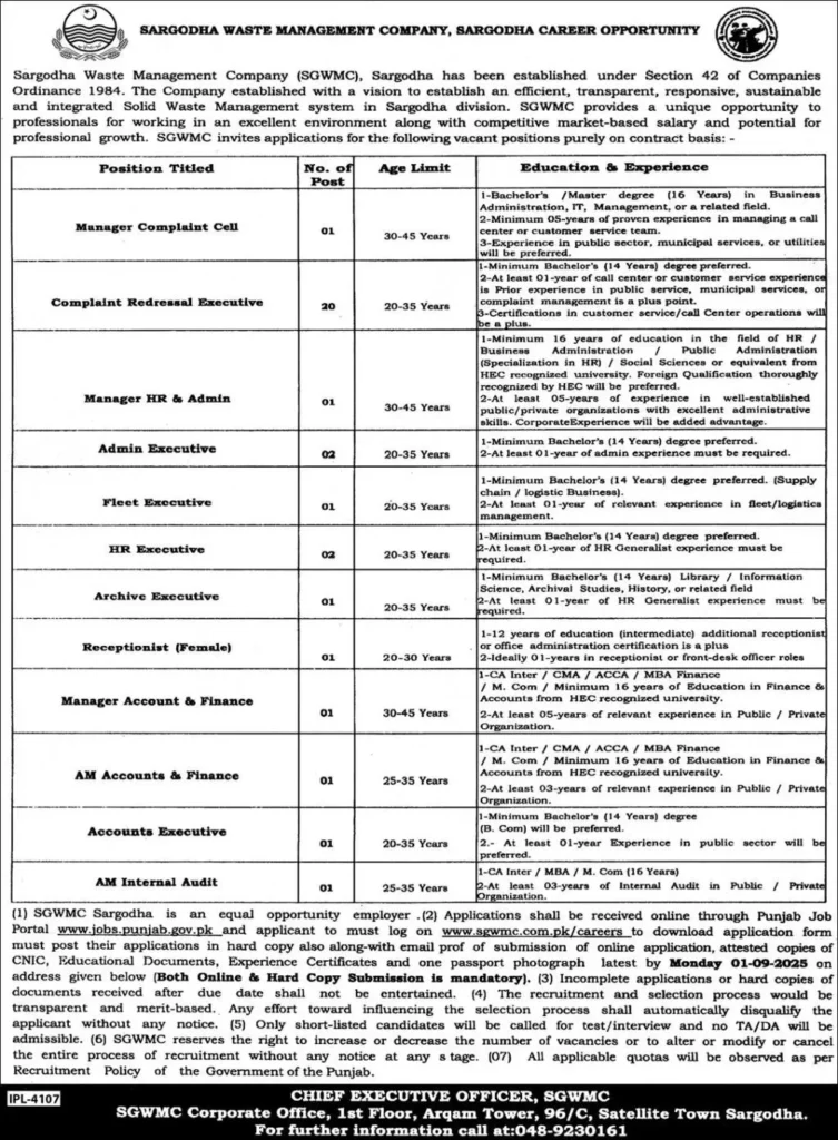 Sargodha Waste Management Company Jobs August 2025 advertisement