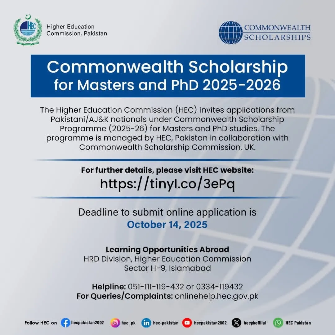 Commonwealth Scholarship 2025-2026 for Masters and PhD