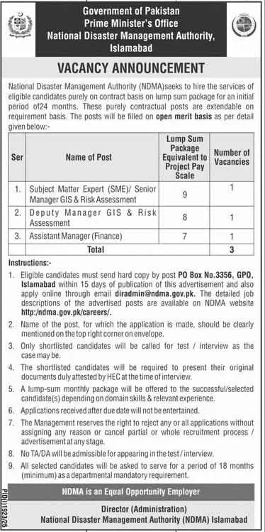 National Disaster Management Authority NDMA Jobs 2025 advertisement