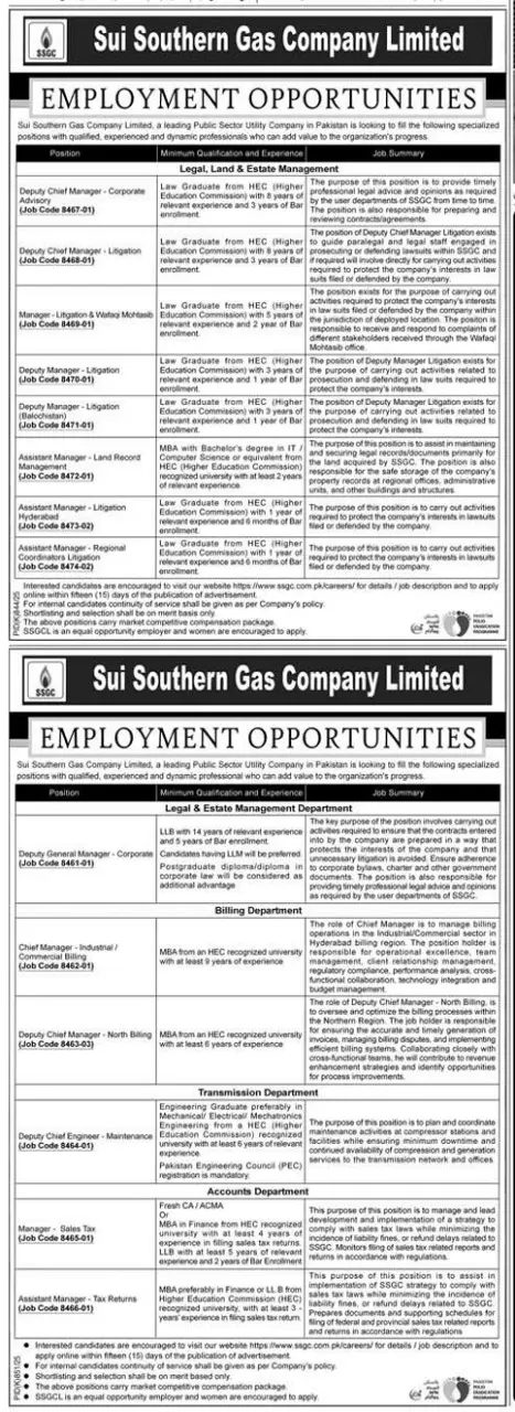 SSGC Jobs 2025 advertisement
