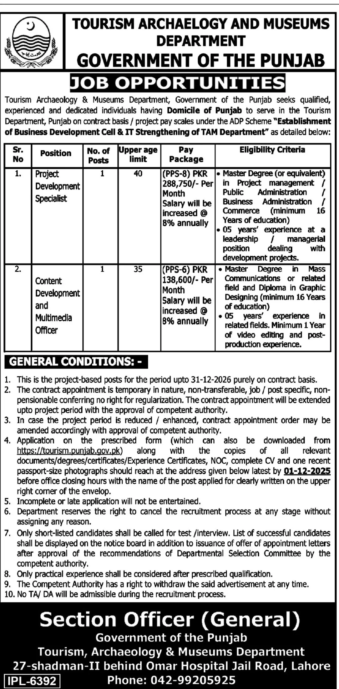Punjab Tourism & Museums Department Jobs ad