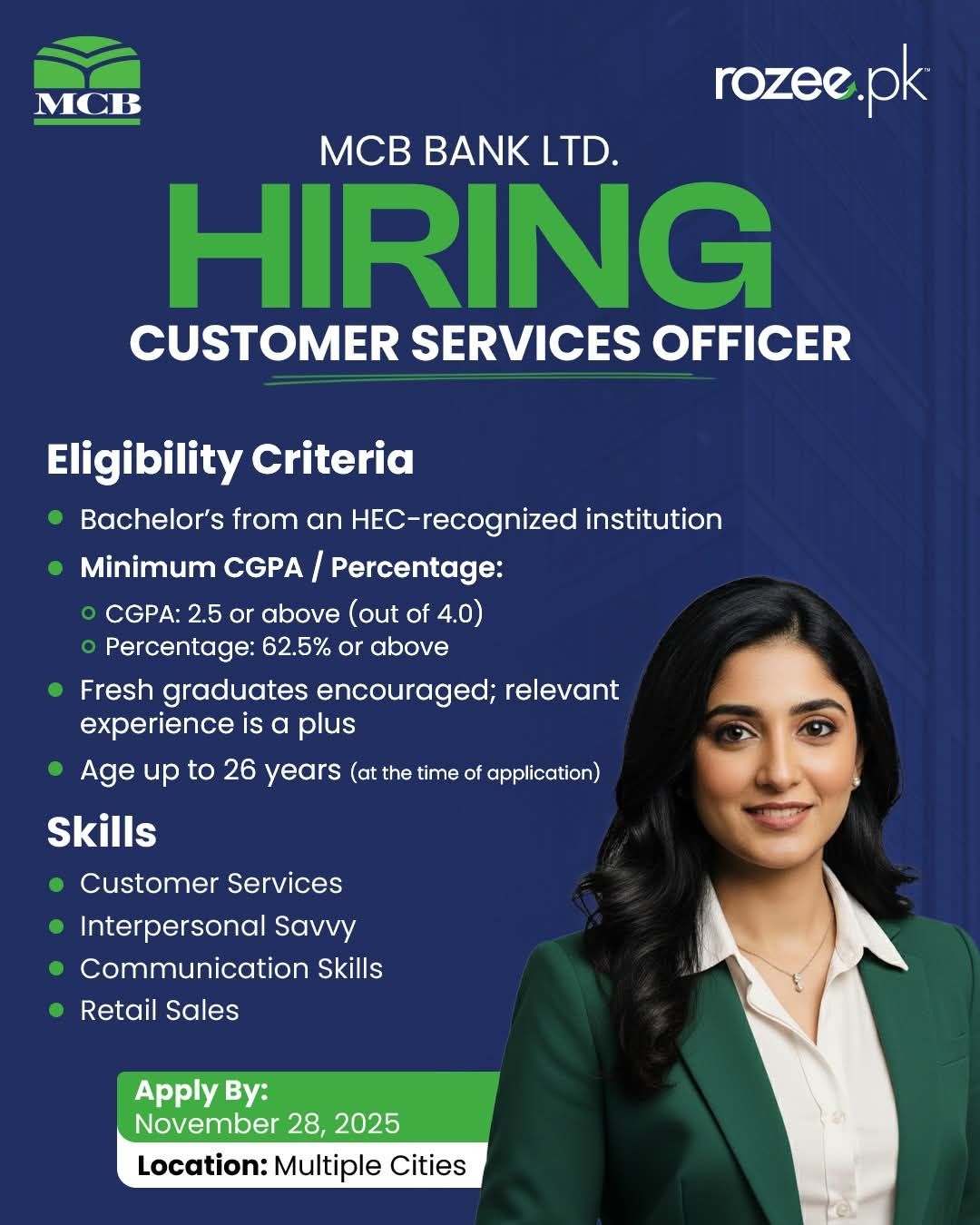 MCB Bank Customer Services Officer Jobs