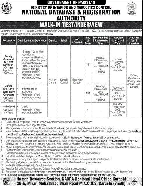 NADRA Karachi Jobs 2025 advertisement
