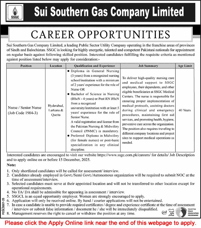 SSGC Nurse & Senior Nurse Jobs