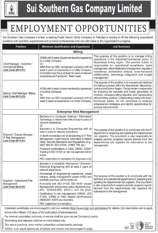 Sui Southern Gas Company Limited Announces Multiple Employment Opportunities
