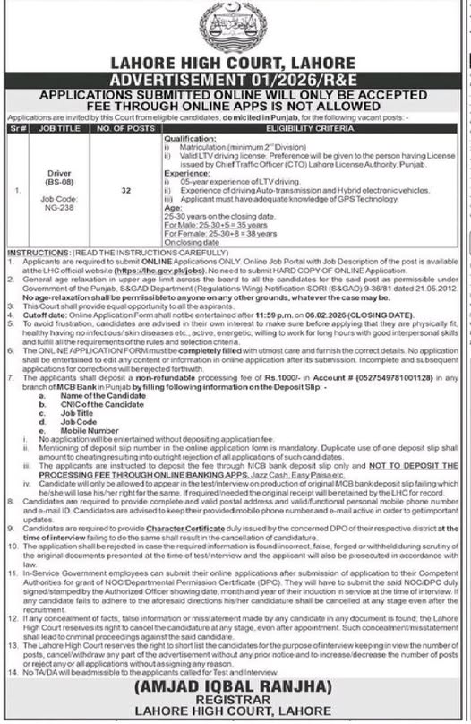 Lahore High Court Driver Jobs 2026 advertisement