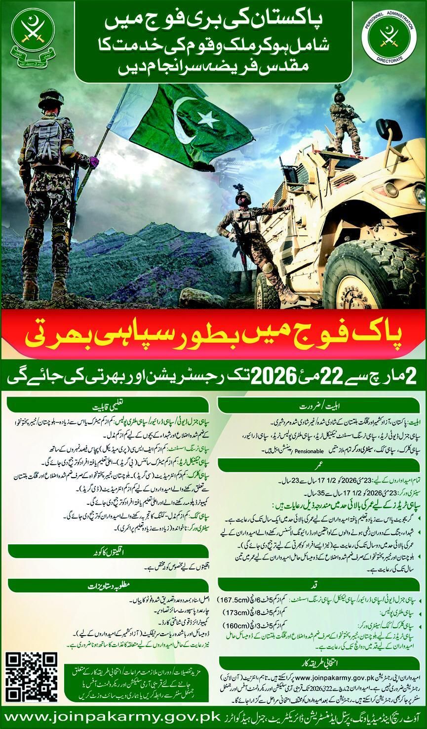 Join Pakistan Army as Sipahi 2026