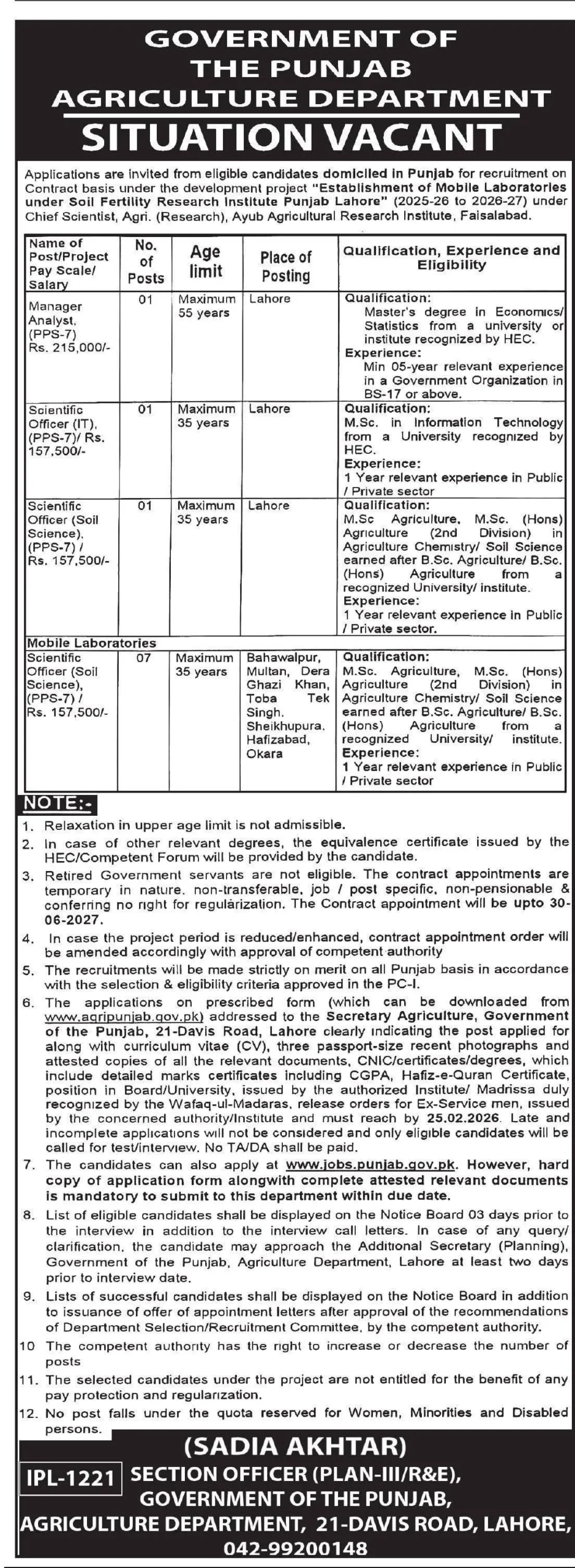 Agriculture Department Punjab Jobs 2026 advertisement