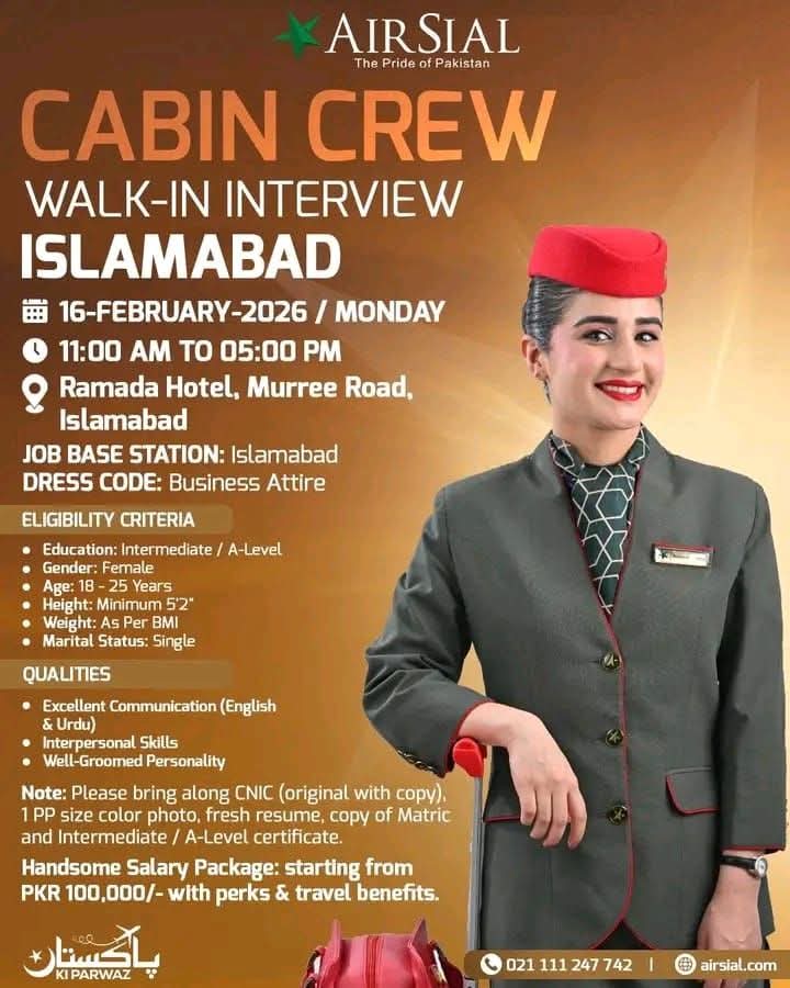 AirSial Cabin Crew Jobs 2026 advertisement