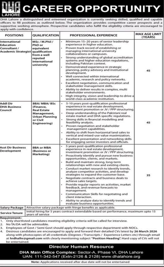 DHA Lahore Careers 2026 advertisement