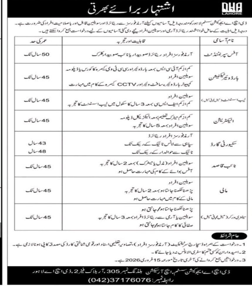 DHA Lahore Jobs 2026 advertisement