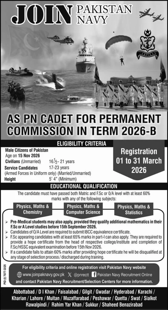 Join Pakistan Navy as PN Cadet 2026