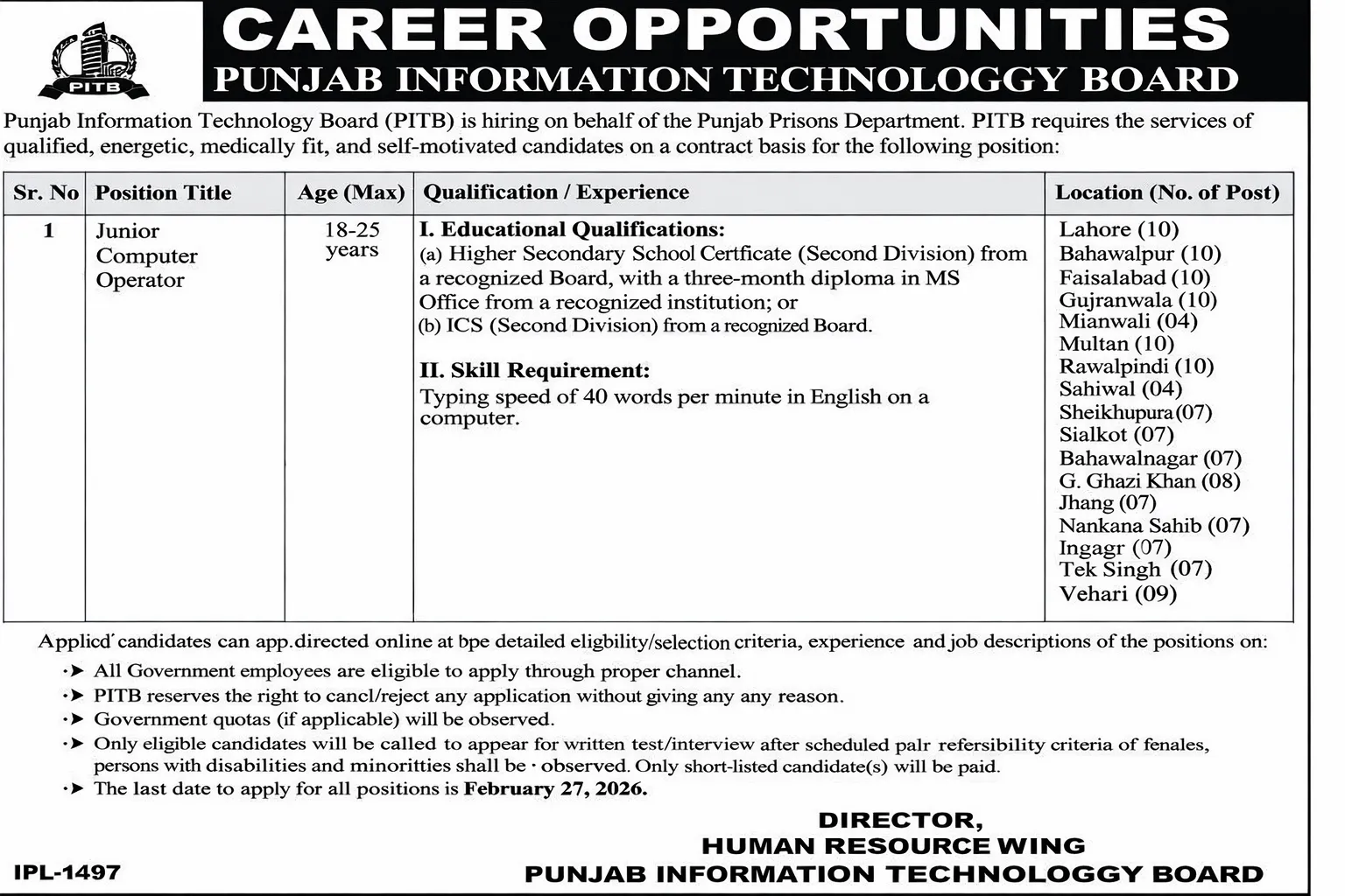 Junior Computer Operator PITB Jobs 2026 in Punjab 