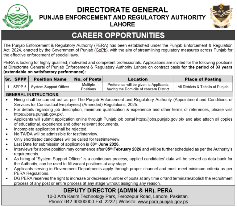 PERA Jobs 2026 in Punjab advertisement