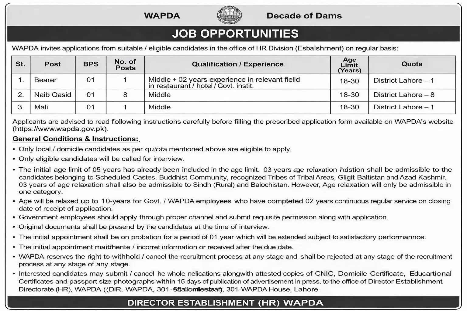 WAPDA Jobs 2026 in Lahore advertisement