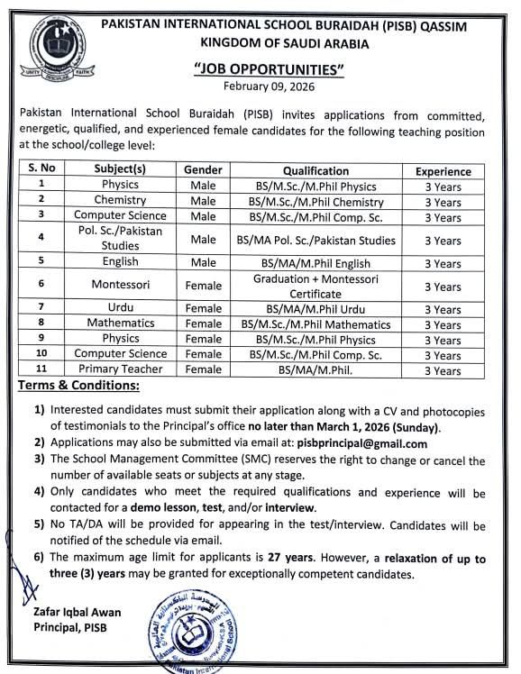 Pakistan International School Buraidah PISB Jobs 2026 in Saudi Arabia 