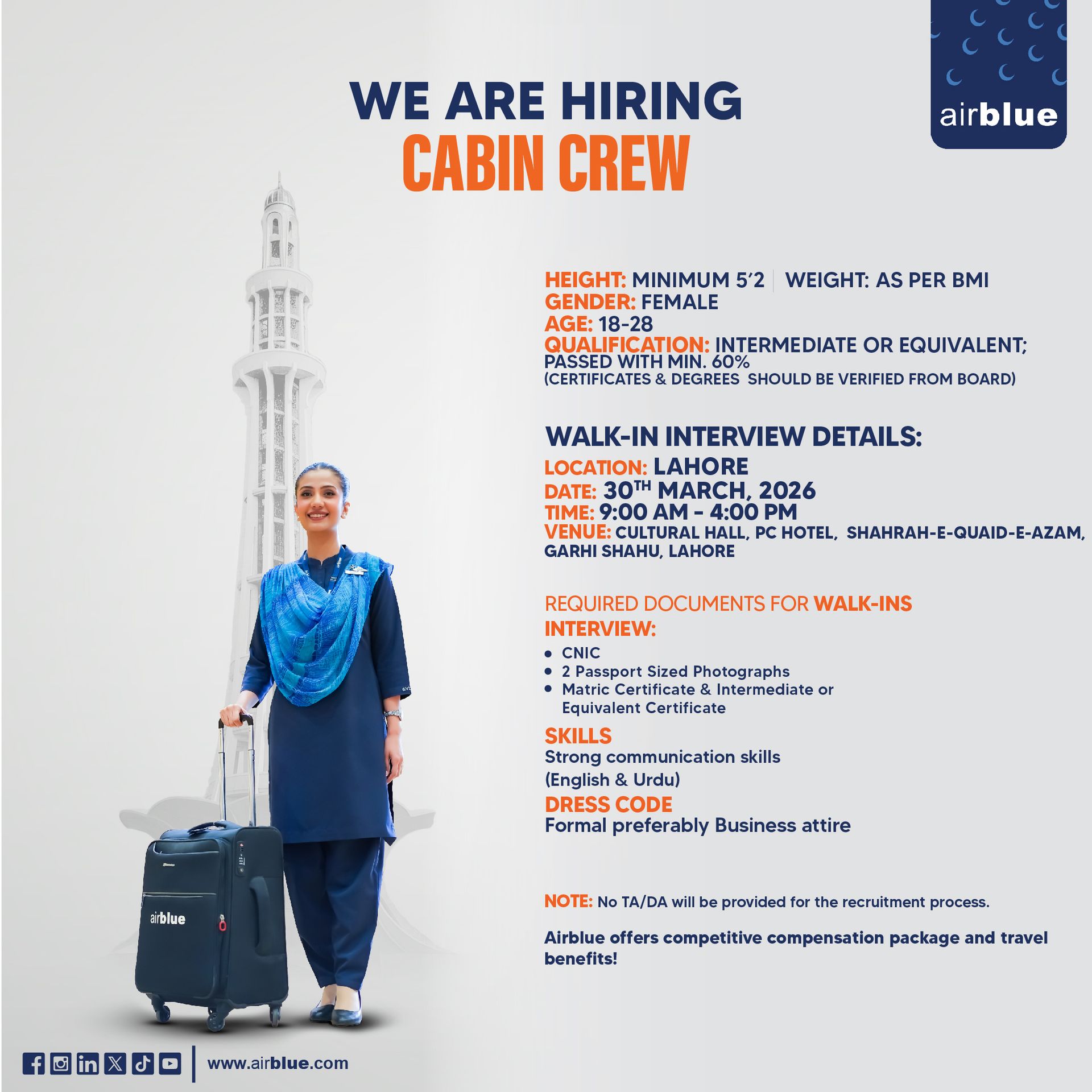 Airblue Cabin Crew Jobs 2026 advertisement
