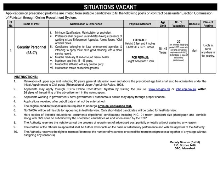Election Commission of Pakistan Security Personnel Jobs 2026 (BS-07) advertisement