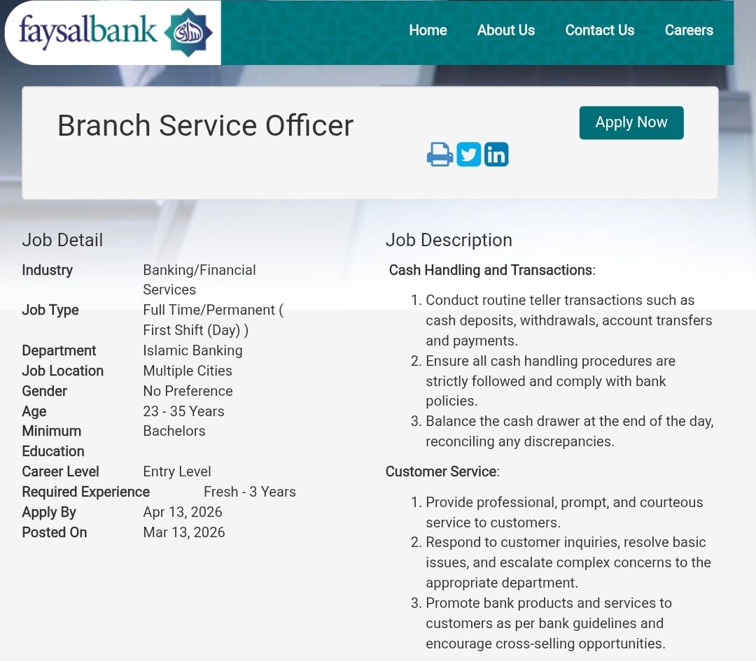 Faysal Bank Branch Service Officer Jobs 2026 advertisement