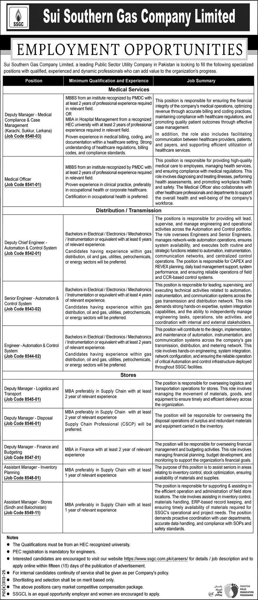 Sui Southern Gas Company Limited Jobs 2026 advertisement