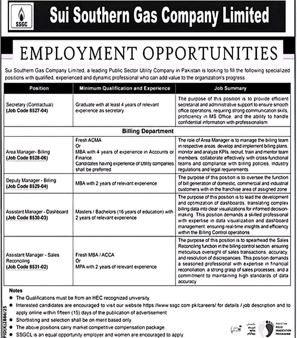 Sui Southern Gas Company Limited Jobs advertisement
