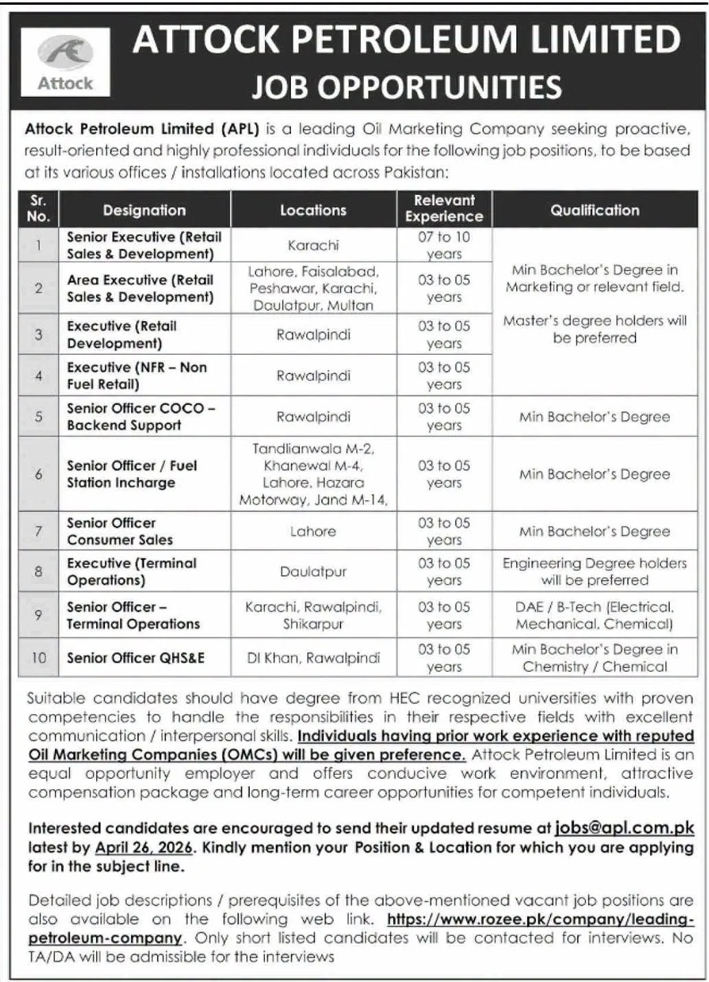 Attock Petroleum Limited Jobs 2026 in Pakistan advertisement