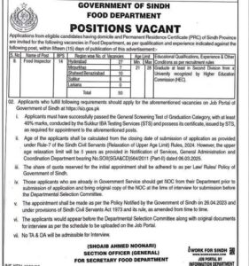 Government of Sindh Food Department Jobs 2026 – 50 Food Inspector ...