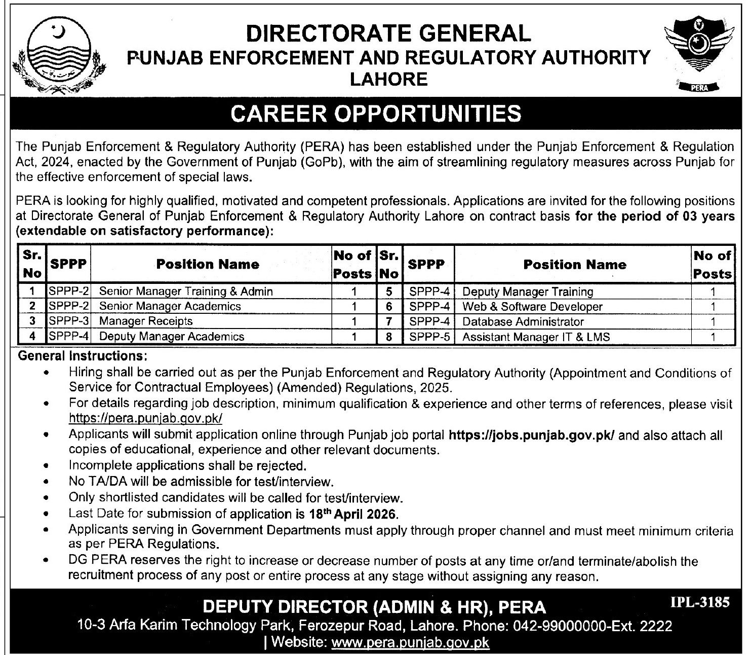 PERA Jobs 2026 Punjab advertisement