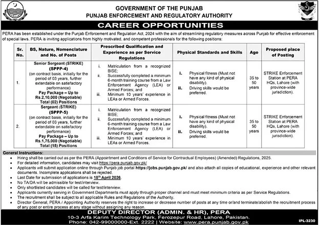 PERA Jobs 2026 Punjab advertisement