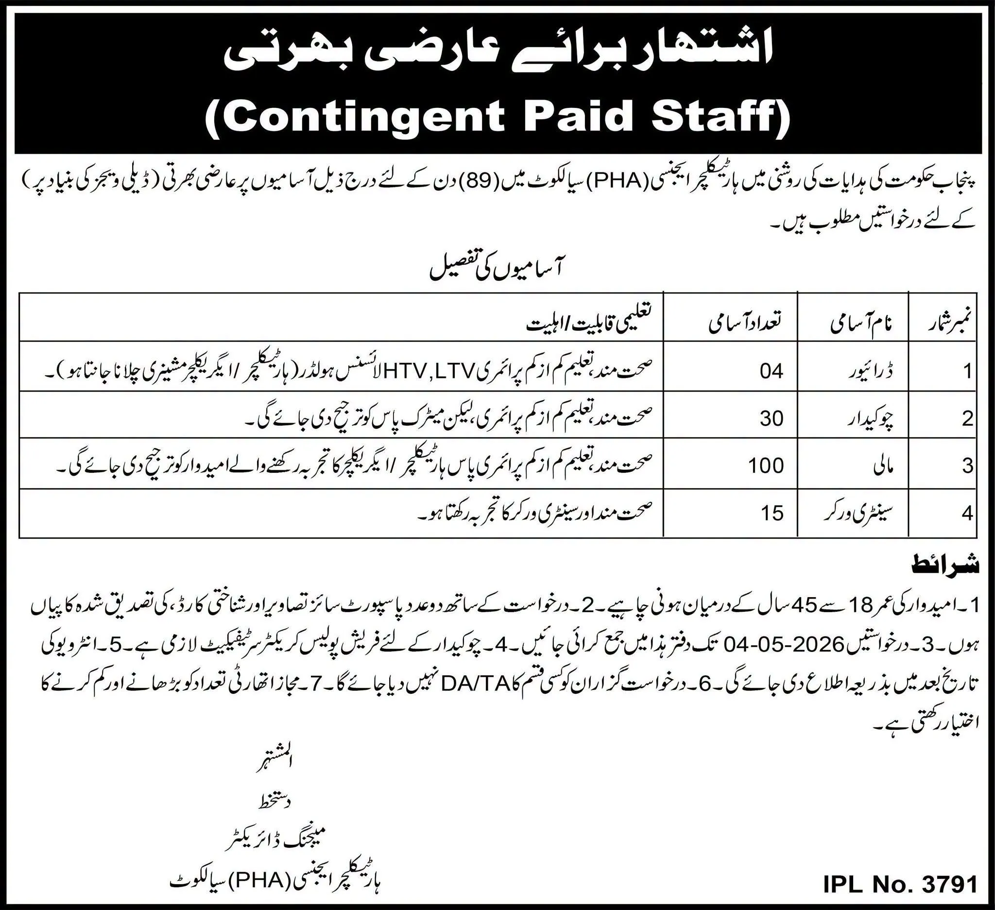 PHA Sialkot Jobs 2026 for Contingent Paid Staff advertisement