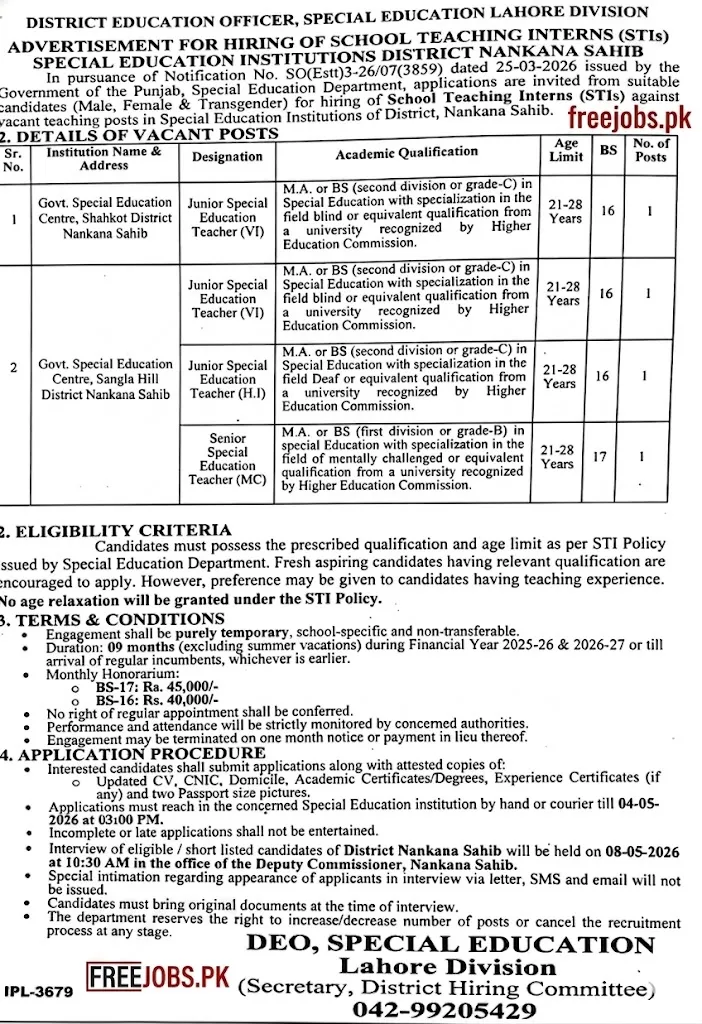 School Teaching Interns (STIs) Jobs 2026 in Special Education Department