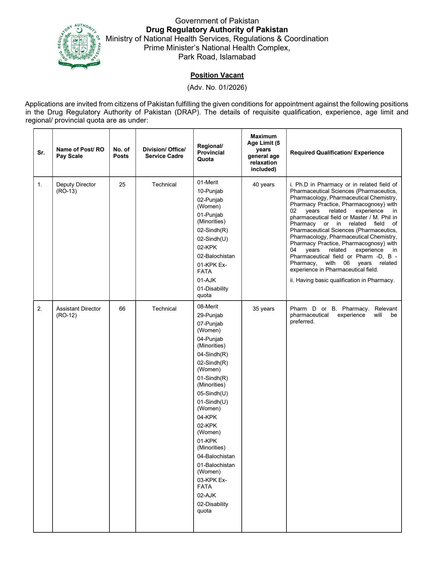 Drug Regulatory Authority of Pakistan (DRAP) Jobs 2026 advertisement