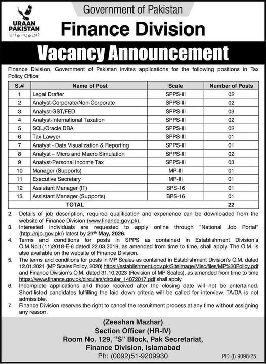 Finance Division Jobs 2026 in Islamabad advertisement