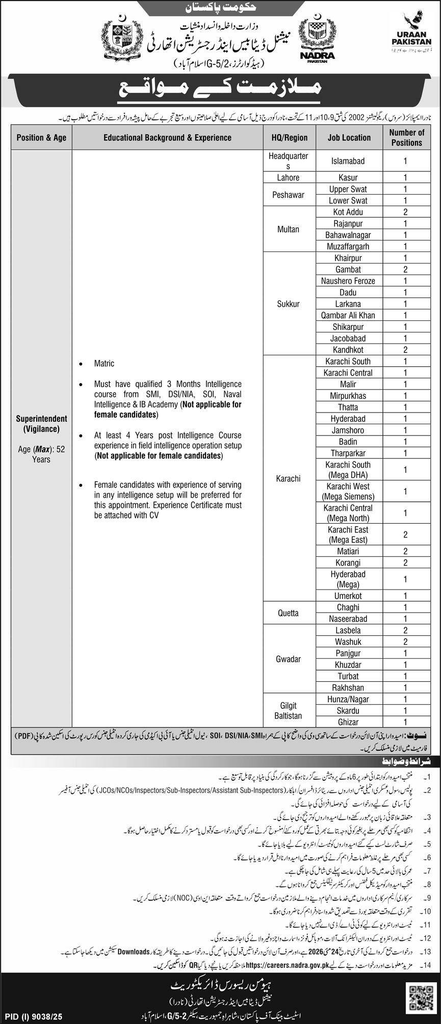 NADRA Jobs 2026 for Superintendent Vigilance advertisement
