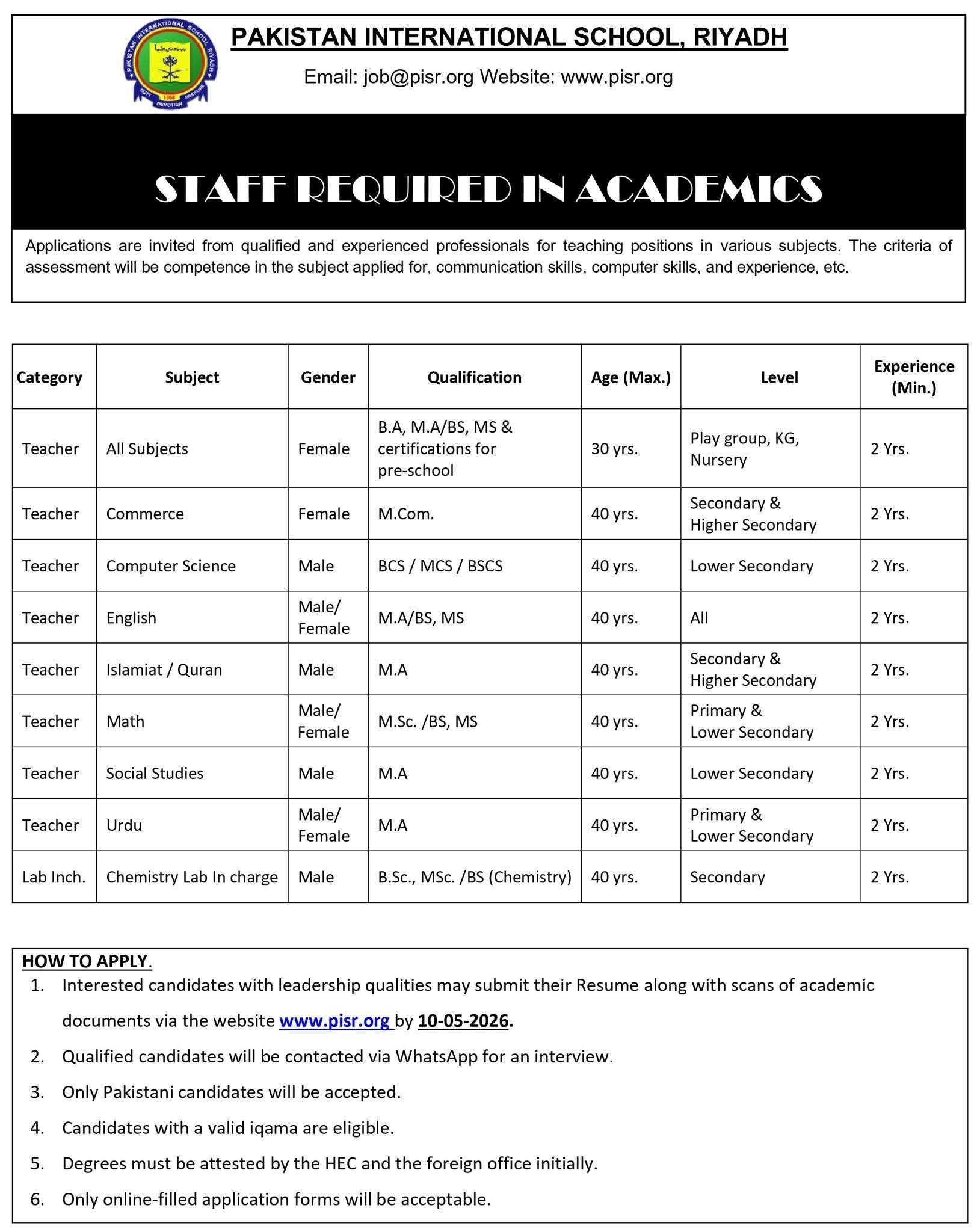Pakistan International School Riyadh Jobs 2026 advertisement