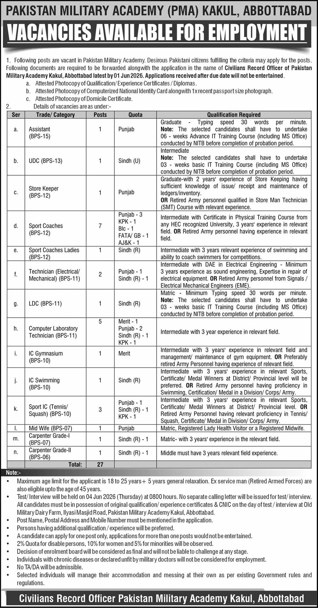 Pakistan Military Academy PMA Kakul Jobs 2026 advertisement