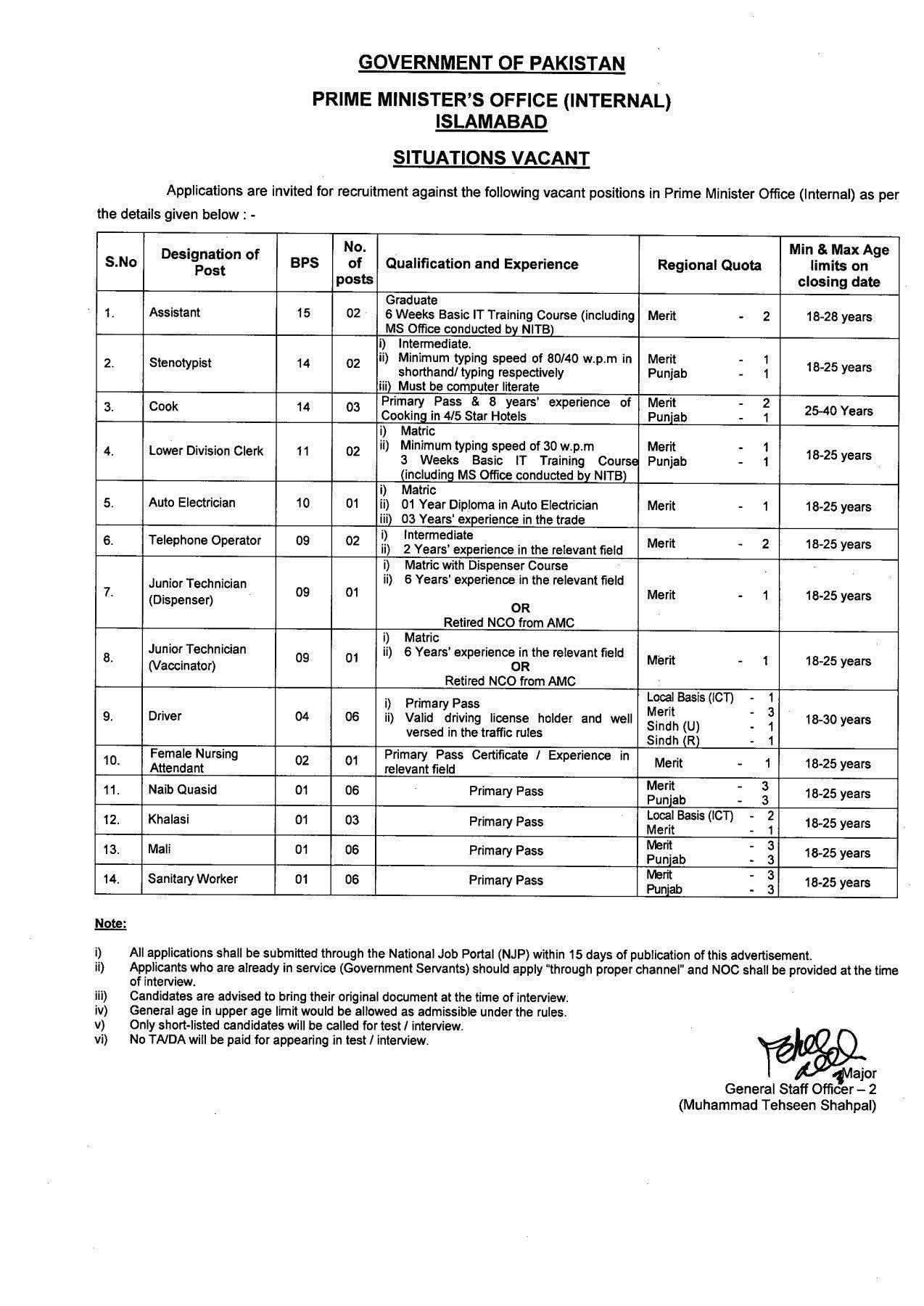 Prime Minister Office Jobs 2025 in Islamabad advertisement