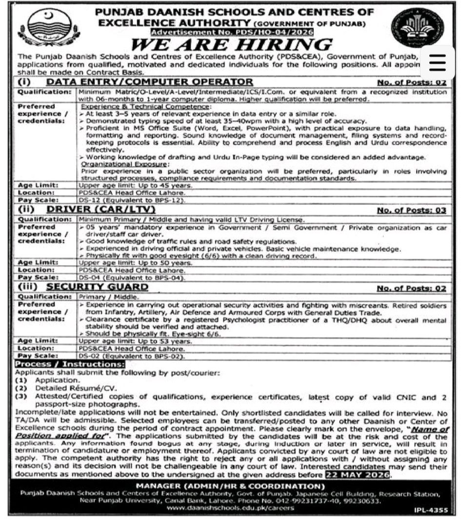 Punjab Daanish Schools Jobs 2026 advertisement