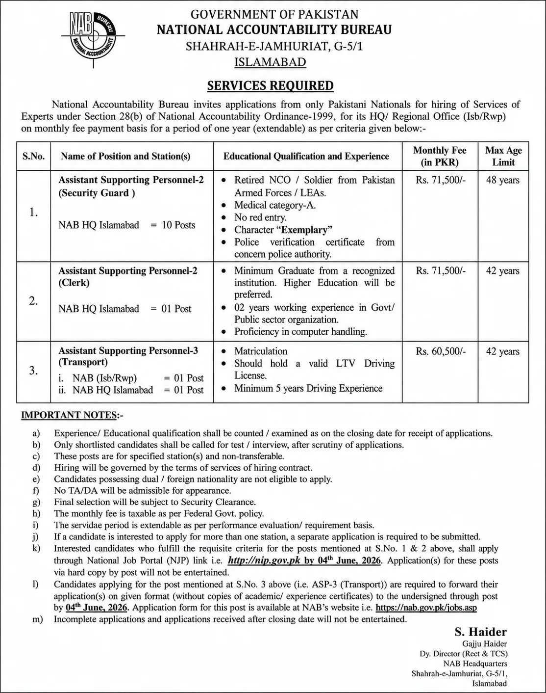 nab jobs 2026 in islamabad advertisement